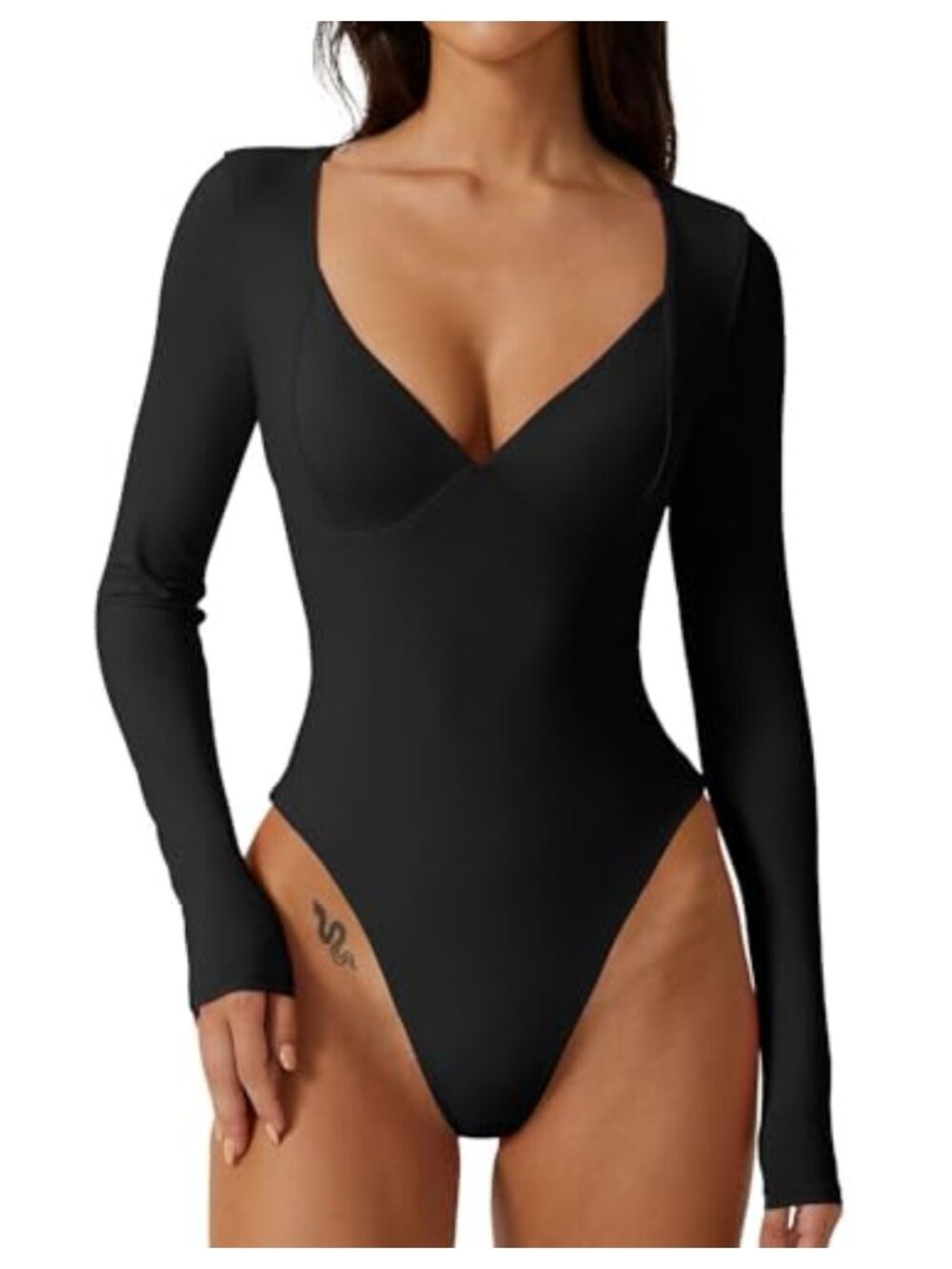 QINSEN V Neck Long Sleeve Bodysuit Stretch Shapewear Thong Bottom